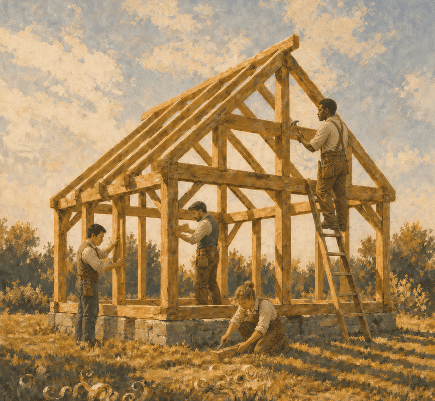Painted scene of a crew raising the timber frame of a new building against a summer sky