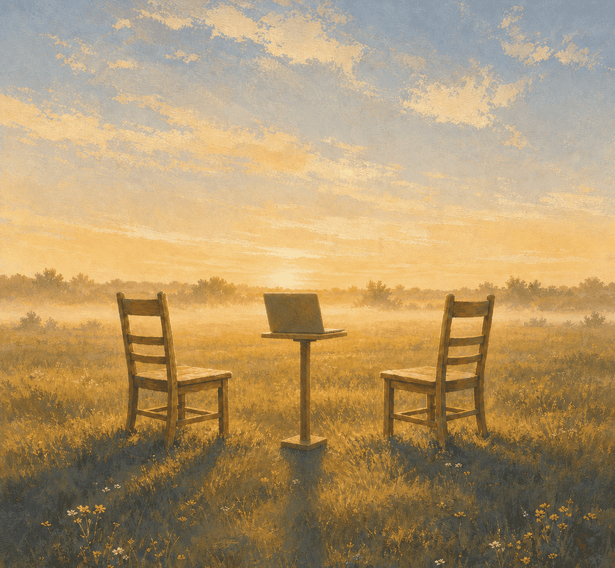 Painted scene of two chairs facing a laptop on a stand in a misty field at sunrise