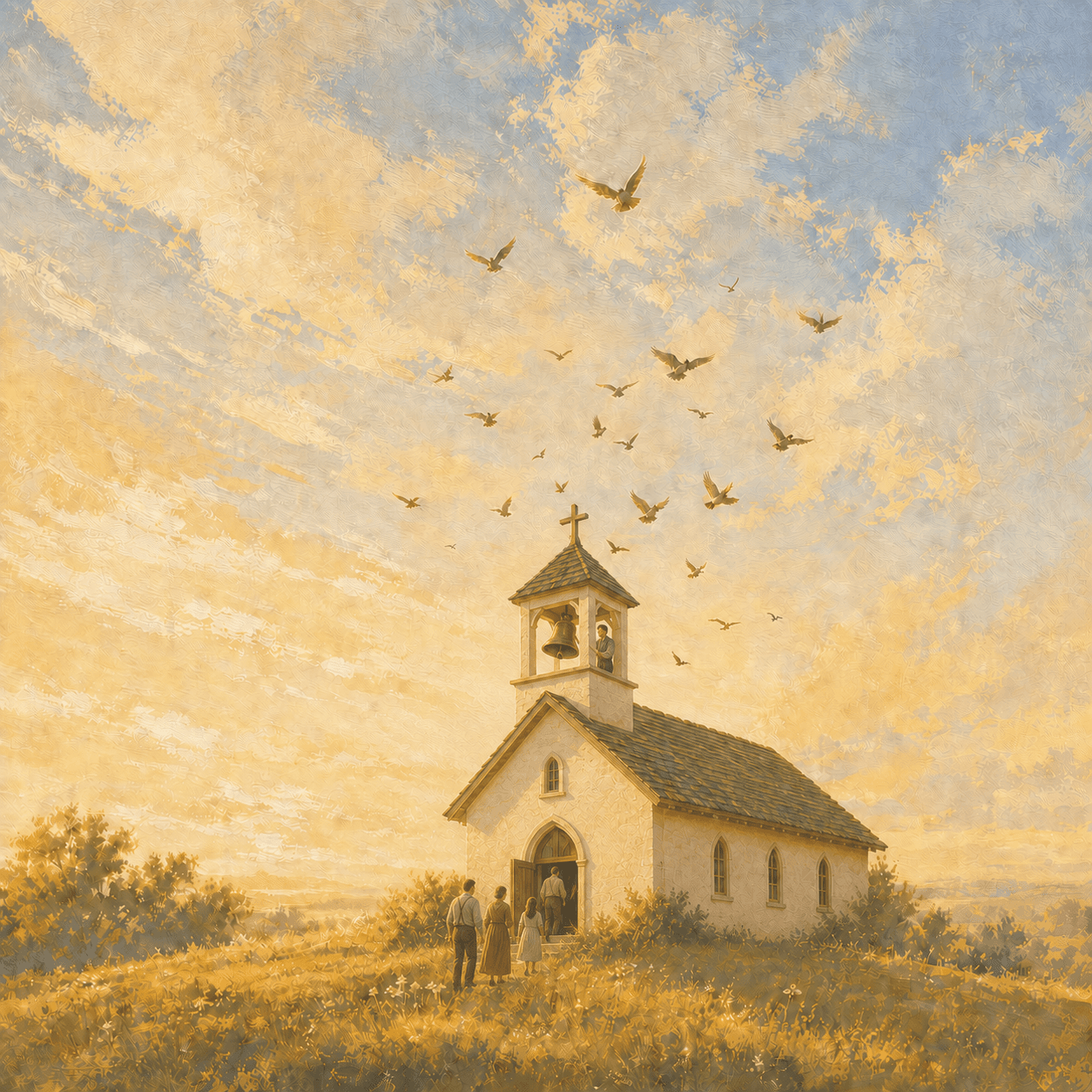 Painted country church at golden hour, a family walking in as birds circle the bell tower